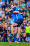30 July 2023; Dublin players Dean Rock and Ciaran Kilkenny  begin the celebrations after the final whistle of the GAA Football All-Ireland Senior Championship final match between Dublin and Kerry at Croke Park in Dublin. Photo by Ray McManus/Sportsfile