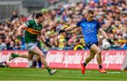 30 July 2023; Con O'Callaghan of Dublin in action against Tadhg Morley of Kerry during the GAA Football All-Ireland Senior Championship final match between Dublin and Kerry at Croke Park in Dublin. Photo by Seb Daly/Sportsfile