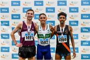 30 July 2023; men's 5000m medallists, Brian Fay of Raheny Shamrock AC, Dublin, gold, centre, Cormac Dalton of Mullingar Harriers AC, Westmeath, silver, left, and Efrem Gidey of Clonliffe Harriers AC, Dublin, bronze, right, during day two of the 123.ie National Senior Outdoor Championships at Morton Stadium in Dublin. Photo by Sam Barnes/Sportsfile