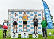 30 July 2023; Men's javelin medallists Oisin Joyce of Lake District AC, gold, centre, Gareth Crawford of Lifford Strabane AC, Donegal, silver, left, and Michael Jordan of Naas AC, Kildare, bronze, second from right, with Athletics Ireland National Field Event Coordinator Dave Sweeney, far right, during day two of the 123.ie National Senior Outdoor Championships at Morton Stadium in Dublin. Photo by Sam Barnes/Sportsfile