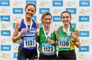 30 July 2023; Women's 5000m medallists, Ide Nicdhomhnaill of West Limerick AC, gold, centre, Roisin Flanagan of Finn Valley AC, Donegal, silver, left, and Shona Heaslip of An Ríocht AC, Kerry, bronze, right, during day two of the 123.ie National Senior Outdoor Championships at Morton Stadium in Dublin. Photo by Sam Barnes/Sportsfile