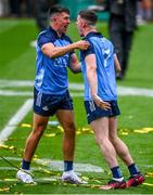 30 July 2023; Lorcan O'Dell, left, and Lee Gannon of Dublin celebrate after the GAA Football All-Ireland Senior Championship final match between Dublin and Kerry at Croke Park in Dublin. Photo by Ray McManus/Sportsfile