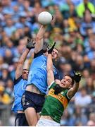 30 July 2023; Brian Fenton, centre, and James McCarthy of Dublin in action against Jack Barry of Kerry during the GAA Football All-Ireland Senior Championship final match between Dublin and Kerry at Croke Park in Dublin. Photo by Seb Daly/Sportsfile