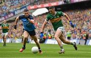 30 July 2023; Paul Geaney of Kerry in action against Lee Gannon of Dublin during the GAA Football All-Ireland Senior Championship final match between Dublin and Kerry at Croke Park in Dublin. Photo by Seb Daly/Sportsfile