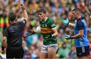 30 July 2023; David Clifford of Kerry is shown a yellow card by referee David Gough during the GAA Football All-Ireland Senior Championship final match between Dublin and Kerry at Croke Park in Dublin. Photo by Seb Daly/Sportsfile