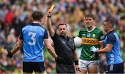 30 July 2023; Referee David Gough shows a yellow card to Michael Fitzsimons of Dublin during the GAA Football All-Ireland Senior Championship final match between Dublin and Kerry at Croke Park in Dublin. Photo by Seb Daly/Sportsfile