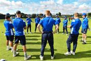 1 August 2023; Leinster Lightning head coach Andre Botha speaks to his players before the Rario Inter-Provincial Trophy 2023 match between Leinster Lightning and Munster Reds at Pembroke Cricket Club in Dublin. Photo by Sam Barnes/Sportsfile