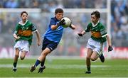 30 July 2023; Noah Pender, St Declan's, Ashbourne, Meath, representing Dublin, and Shea Henry, Holy Family PS, Magherafelt, Derry, representing Kerry, during the INTO Cumann na mBunscol GAA Respect Exhibition Go Games at the GAA Football All-Ireland Senior Championship final match between Dublin and Kerry at Croke Park in Dublin. Photo by Seb Daly/Sportsfile