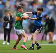 30 July 2023; Donal McDermott, St Teresa's NS, Boyle, Roscommon, representing Kerry, and Sam Walsh, St Mary's Parish PS, Drogheda, Louth, representing Dublin, during the INTO Cumann na mBunscol GAA Respect Exhibition Go Games at the GAA Football All-Ireland Senior Championship final match between Dublin and Kerry at Croke Park in Dublin. Photo by Seb Daly/Sportsfile