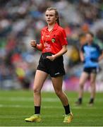 30 July 2023; Referee Emma Thorp, St Fiachra's SNS, Beamount, Dublin, during the INTO Cumann na mBunscol GAA Respect Exhibition Go Games at the GAA Football All-Ireland Senior Championship final match between Dublin and Kerry at Croke Park in Dublin. Photo by Brendan Moran/Sportsfile