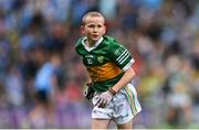30 July 2023; Billy McElholm, Knocknagor PS, Trillick, Tyrone, representing Kerry, during the INTO Cumann na mBunscol GAA Respect Exhibition Go Games at the GAA Football All-Ireland Senior Championship final match between Dublin and Kerry at Croke Park in Dublin. Photo by David Fitzgerald/Sportsfile