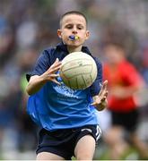30 July 2023; Ben Crowe, St Mochta's NS, Clonsilla, Dublin, representing Dublin, during the INTO Cumann na mBunscol GAA Respect Exhibition Go Games at the GAA Football All-Ireland Senior Championship final match between Dublin and Kerry at Croke Park in Dublin. Photo by David Fitzgerald/Sportsfile