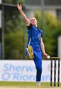 1 August 2023; Mikey O'Reilly of Leinster Lightning bowls during the Rario Inter-Provincial Trophy 2023 match between Leinster Lightning and Munster Reds at Pembroke Cricket Club in Dublin. Photo by Sam Barnes/Sportsfile