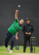 1 August 2023; Andy McBrine of North West Warriors bowls during the Rario Inter-Provincial Trophy 2023 match between Northern Knights and North West Warriors at Pembroke Cricket Club in Dublin. Photo by Sam Barnes/Sportsfile