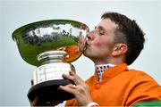 1 August 2023; Jockey Chris Hayes with the trophy after winning the Colm Quinn BMW Mile Handicap during day two of the Galway Races Summer Festival 2023 at Galway Racecourse in Ballybrit, Galway. Photo by David Fitzgerald/Sportsfile