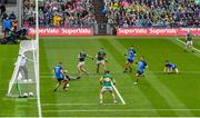 30 July 2023; Brian Howard of Dublin clears the ball off the goalline from a shot by Paul Geaney of Kerry during the GAA Football All-Ireland Senior Championship final match between Dublin and Kerry at Croke Park in Dublin. Photo by Brendan Moran/Sportsfile