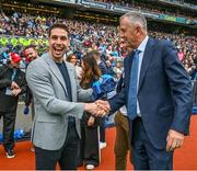 30 July 2023; Outgoing Dublin GAA chief executive John Costello, right, presents a Dublin football jersey to former Mayo footballer and RTE analyst Lee Keegan before the GAA Football All-Ireland Senior Championship final match between Dublin and Kerry at Croke Park in Dublin. Photo by Brendan Moran/Sportsfile
