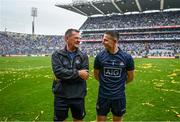 30 July 2023; Dublin goalkeeper Stephen Cluxton, right, with Dublin football team media manager Seamus McCormack after the GAA Football All-Ireland Senior Championship final match between Dublin and Kerry at Croke Park in Dublin. Photo by Brendan Moran/Sportsfile