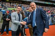 30 July 2023; Outgoing Dublin GAA chief executive John Costello, right, presents a Dublin football jersey to former Mayo footballer and RTE analyst Lee Keegan before the GAA Football All-Ireland Senior Championship final match between Dublin and Kerry at Croke Park in Dublin. Photo by Brendan Moran/Sportsfile