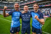 30 July 2023; Dublin nine time All-Ireland medal winners, from left, James McCarthy, Stephen Cluxton and Michael Fitzsimons celebrate after the GAA Football All-Ireland Senior Championship final match between Dublin and Kerry at Croke Park in Dublin. Photo by Brendan Moran/Sportsfile
