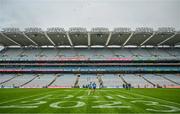 30 July 2023; Dublin players, from left, Michael Fitzsimons, James McCarthy and Dean Rock spend time in the middle of the pitch following the celebrations of their victory in the GAA Football All-Ireland Senior Championship final match between Dublin and Kerry at Croke Park in Dublin. Photo by Brendan Moran/Sportsfile