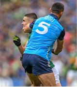 30 July 2023; Sean O'Shea of Kerry is tackled by James McCarthy of Dublin during the GAA Football All-Ireland Senior Championship final match between Dublin and Kerry at Croke Park in Dublin. Photo by Brendan Moran/Sportsfile