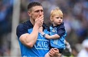 30 July 2023; John Small of Dublin with his son Charlie after the GAA Football All-Ireland Senior Championship final match between Dublin and Kerry at Croke Park in Dublin. Photo by Brendan Moran/Sportsfile