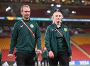 31 July 2023; Republic of Ireland performance analyst Andrew Holt and Republic of Ireland's StatSports analyst Niamh McDaid before the FIFA Women's World Cup 2023 Group B match between Republic of Ireland and Nigeria at Brisbane Stadium in Brisbane, Australia. Photo by Stephen McCarthy/Sportsfile