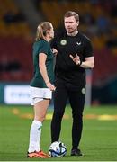 31 July 2023; Republic of Ireland assistant manager Tom Elmes and Ruesha Littlejohn before the FIFA Women's World Cup 2023 Group B match between Republic of Ireland and Nigeria at Brisbane Stadium in Brisbane, Australia. Photo by Stephen McCarthy/Sportsfile
