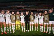 31 July 2023; Republic of Ireland manager Vera Pauw with players, from left, Ruesha Littlejohn, Megan Connolly, Izzy Atkinson, Megan Walsh, Denise O'Sullivan, Áine O'Gorman, Katie McCabe, Marissa Sheva, Ciara Grant and Claire O'Riordan after the FIFA Women's World Cup 2023 Group B match between Republic of Ireland and Nigeria at Brisbane Stadium in Brisbane, Australia. Photo by Stephen McCarthy/Sportsfile