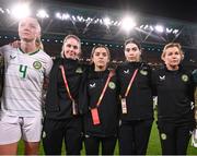 31 July 2023; Republic of Ireland players and staff, from left, Louise Quinn, social media coordinator Emma Clinton, video creator Cara Gaynor, masseuse Susie Coffey and team doctor Siobhan Forman after the FIFA Women's World Cup 2023 Group B match between Republic of Ireland and Nigeria at Brisbane Stadium in Brisbane, Australia. Photo by Stephen McCarthy/Sportsfile