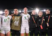 31 July 2023; Republic of Ireland players and staff, from left, Sinead Farrelly, Grace Moloney, Louise Quinn, social media coordinator Emma Clinton, video creator Cara Gaynor and masseuse Susie Coffey after the FIFA Women's World Cup 2023 Group B match between Republic of Ireland and Nigeria at Brisbane Stadium in Brisbane, Australia. Photo by Stephen McCarthy/Sportsfile