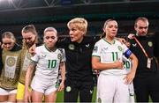 31 July 2023; Republic of Ireland manager Vera Pauw with players, from left, Izzy Atkinson, Megan Walsh, Denise O'Sullivan, Katie McCabe and performance analyst Andrew Holt after the FIFA Women's World Cup 2023 Group B match between Republic of Ireland and Nigeria at Brisbane Stadium in Brisbane, Australia. Photo by Stephen McCarthy/Sportsfile