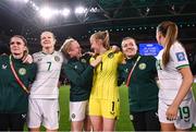 31 July 2023; Republic of Ireland goalkeeper Courtney Brosnan who was annouced as the player of the match with team-mates, from left, Jamie Finn, Diane Caldwell, Amber Barrett, Harriet Scott and Abbie Larkin after the FIFA Women's World Cup 2023 Group B match between Republic of Ireland and Nigeria at Brisbane Stadium in Brisbane, Australia. Photo by Stephen McCarthy/Sportsfile