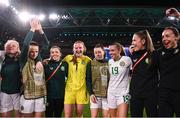 31 July 2023; Republic of Ireland goalkeeper Courtney Brosnan, who was annouced as the player of the match, with team-mates, from left, Amber Barrett, Áine O'Gorman, Jamie Finn, Lucy Quinn, Abbie Larkin, masseuse Hannah Tobin Jones and physiotherapist Angela Kenneally after the FIFA Women's World Cup 2023 Group B match between Republic of Ireland and Nigeria at Brisbane Stadium in Brisbane, Australia. Photo by Stephen McCarthy/Sportsfile