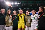 31 July 2023; Republic of Ireland goalkeeper Courtney Brosnan, who was annouced as the player of the match, with team-mates, from left, Amber Barrett, Áine O'Gorman, Jamie Finn, Lucy Quinn, Abbie Larkin, and masseuse Hannah Tobin Jones after the FIFA Women's World Cup 2023 Group B match between Republic of Ireland and Nigeria at Brisbane Stadium in Brisbane, Australia. Photo by Stephen McCarthy/Sportsfile
