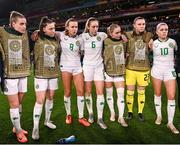 31 July 2023; Republic of Ireland players, from left, Chloe Mustaki, Lucy Quinn, Ruesha Littlejohn, Megan Connolly, Izzy Atkinson, Megan Walsh and Denise O'Sullivan after the FIFA Women's World Cup 2023 Group B match between Republic of Ireland and Nigeria at Brisbane Stadium in Brisbane, Australia. Photo by Stephen McCarthy/Sportsfile