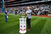 30 July 2023; Captain of the Galway 1998 All-Ireland winning team, Ray Silke, places the Sam Maguire cup on a plinth pitchside before the GAA Football All-Ireland Senior Championship final match between Dublin and Kerry at Croke Park in Dublin. Photo by Brendan Moran/Sportsfile