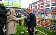 30 July 2023; Dublin manager Dessie Farrell is interviewed by Orla Bannon for BBC Sport after the GAA Football All-Ireland Senior Championship final match between Dublin and Kerry at Croke Park in Dublin. Photo by Brendan Moran/Sportsfile