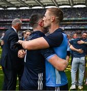 30 July 2023; Paul Mannion of Dublin, right, celebrates with teammate Stephen Cluxton after the GAA Football All-Ireland Senior Championship final match between Dublin and Kerry at Croke Park in Dublin. Photo by Brendan Moran/Sportsfile