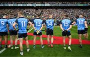 30 July 2023; Dublin playrs, from left, Brian Howard, Paddy Small, Paul Mannion, Cormac Costello, Con O'Callaghan, Colm Basquel and Ciaran Kilkenny wait for the pre-match parade before the GAA Football All-Ireland Senior Championship final match between Dublin and Kerry at Croke Park in Dublin. Photo by Brendan Moran/Sportsfile