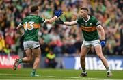 30 July 2023; Paul Geaney of Kerry, right, celebrates with teammate Paudie Clifford after scoring their side's first goal during the GAA Football All-Ireland Senior Championship final match between Dublin and Kerry at Croke Park in Dublin. Photo by Brendan Moran/Sportsfile