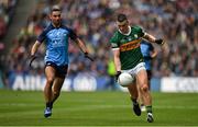 30 July 2023; Sean O'Shea of Kerry in action against James McCarthy of Dublin during the GAA Football All-Ireland Senior Championship final match between Dublin and Kerry at Croke Park in Dublin. Photo by Brendan Moran/Sportsfile