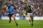 30 July 2023; Sean O'Shea of Kerry in action against James McCarthy of Dublin during the GAA Football All-Ireland Senior Championship final match between Dublin and Kerry at Croke Park in Dublin. Photo by Brendan Moran/Sportsfile