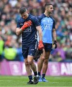 30 July 2023; Dublin goalkeeper Stephen Cluxton touches the crest on his jersey as he makes hsi way to his goals before the GAA Football All-Ireland Senior Championship final match between Dublin and Kerry at Croke Park in Dublin. Photo by Brendan Moran/Sportsfile