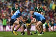 30 July 2023; Tadhg Morley of Kerry is tackled by Cian Murphy, left, and Colm Basquel of Dublin during the GAA Football All-Ireland Senior Championship final match between Dublin and Kerry at Croke Park in Dublin. Photo by Brendan Moran/Sportsfile