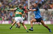 30 July 2023; Graham O'Sullivan of Kerry is tackled by James McCarthy of Dublin during the GAA Football All-Ireland Senior Championship final match between Dublin and Kerry at Croke Park in Dublin. Photo by Brendan Moran/Sportsfile