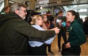 2 August 2023; Niamh Fahey is interviewed by media at Dublin Airport on the Republic of Ireland's return from the FIFA Women's World Cup 2023 in Australia. Photo by Stephen McCarthy/Sportsfile Photo by Stephen McCarthy/Sportsfile