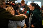 2 August 2023; Niamh Fahey is interviewed by media at Dublin Airport on the Republic of Ireland's return from the FIFA Women's World Cup 2023 in Australia. Photo by Stephen McCarthy/Sportsfile