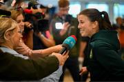 2 August 2023; Niamh Fahey is interviewed by media at Dublin Airport on the Republic of Ireland's return from the FIFA Women's World Cup 2023 in Australia. Photo by Stephen McCarthy/Sportsfile